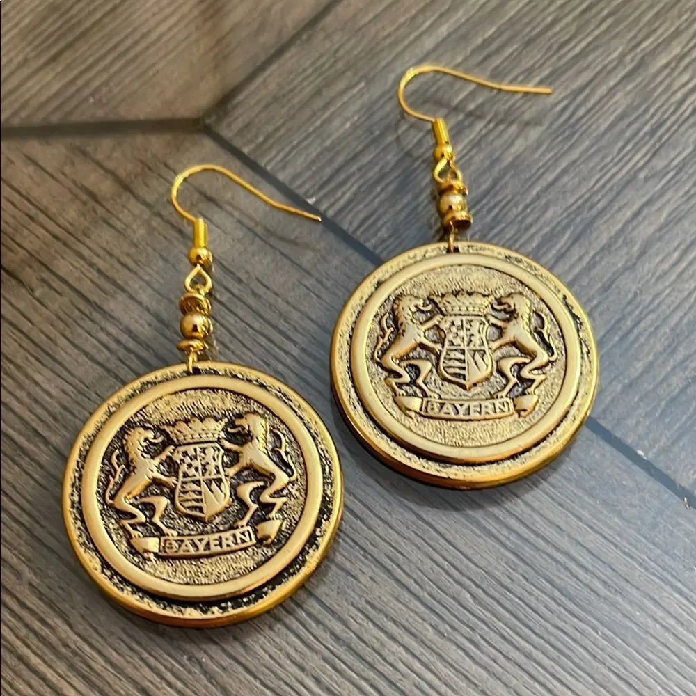 Vintage BAYERN Crest Gold-tone Coin Drop Earrings
